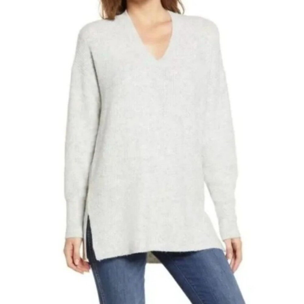Halogen V-Neck Sweater Ribbed Cozy Lond Sleeve Gray Size 1